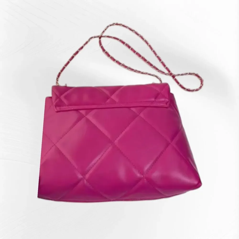 Pink Quilted Pattern Shoulder Crossbody Purse With Metal Decor Chain Strap